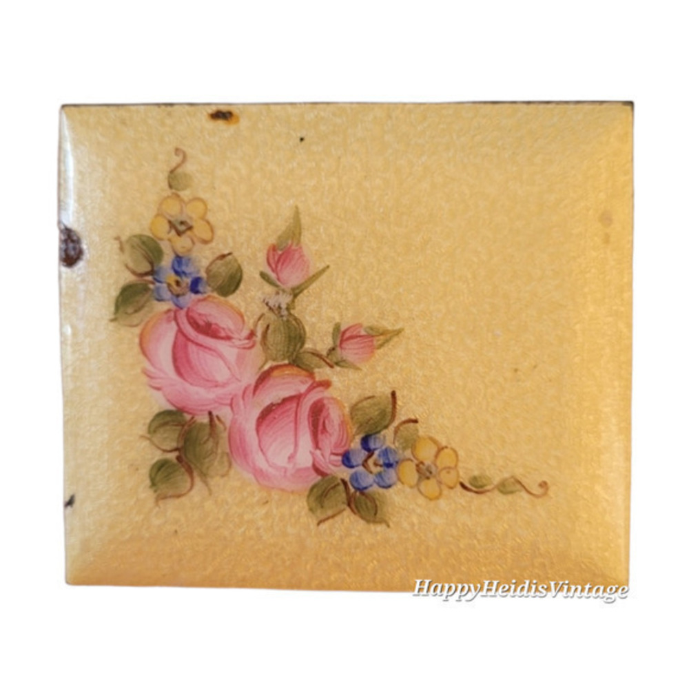 Vintage Yellow Enamel and‎ Metal Painted Floral Mirror Hinged Compact